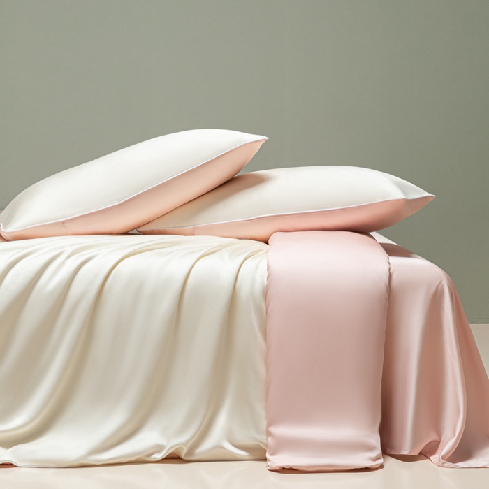 91家纺网 家纺一手货源 找家纺 缦绣阁家纺 2026新款夏季轻奢水洗仿真丝四件套凉感丝床单被套纯色冰丝床笠双人三件套 麻绳款-奶昔+粉