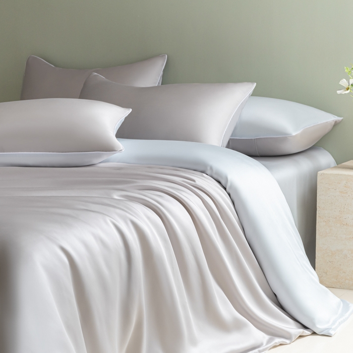 缦绣阁家纺 2026新款夏季轻奢水洗仿真丝四件套凉感丝床单被套纯色冰丝床笠双人三件套 麻绳款-雾霾灰+碧湖兰