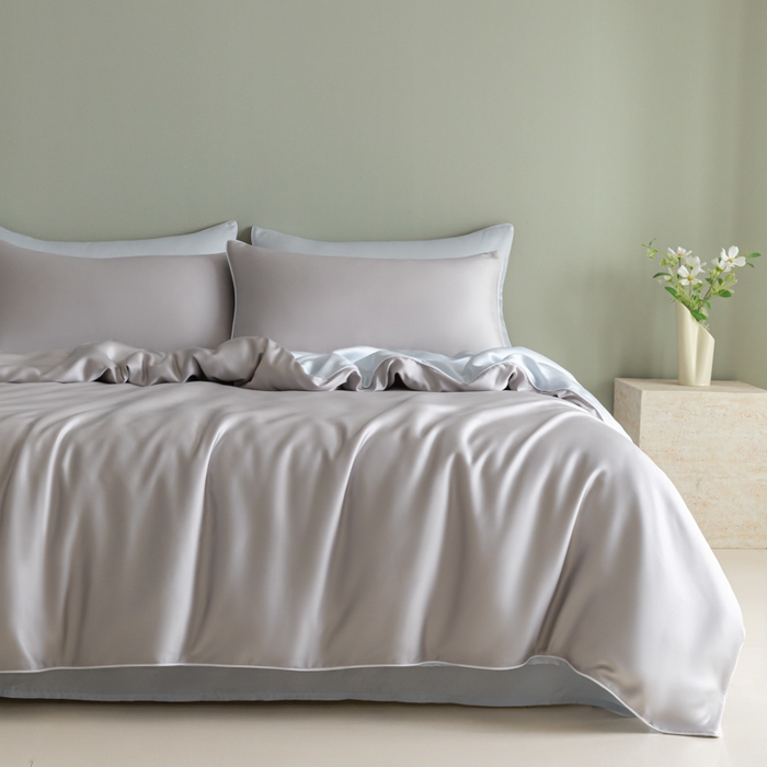 91家纺网 家纺一手货源 找家纺 缦绣阁家纺 2026新款夏季轻奢水洗仿真丝四件套凉感丝床单被套纯色冰丝床笠双人三件套 麻绳款-雾霾灰+碧湖兰