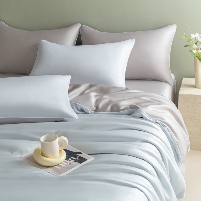 91家纺网 家纺一手货源 找家纺 缦绣阁家纺 2026新款夏季轻奢水洗仿真丝四件套凉感丝床单被套纯色冰丝床笠双人三件套 麻绳款-碧湖兰+灰