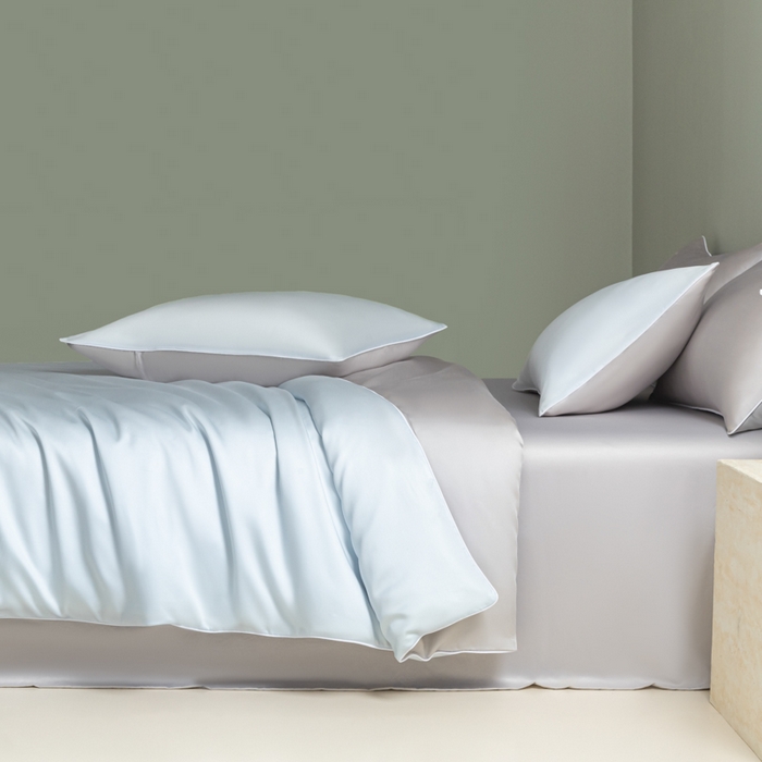 91家纺网 家纺一手货源 找家纺 缦绣阁家纺 2026新款夏季轻奢水洗仿真丝四件套凉感丝床单被套纯色冰丝床笠双人三件套 麻绳款-碧湖兰+灰