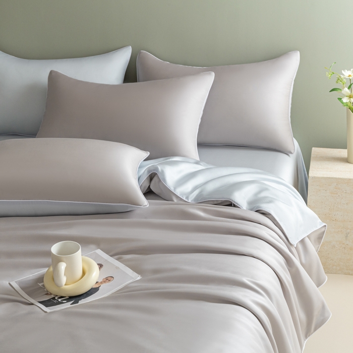 91家纺网 家纺一手货源 找家纺 缦绣阁家纺 2026新款夏季轻奢水洗仿真丝四件套凉感丝床单被套纯色冰丝床笠双人三件套 麻绳款-雾霾灰+碧湖兰