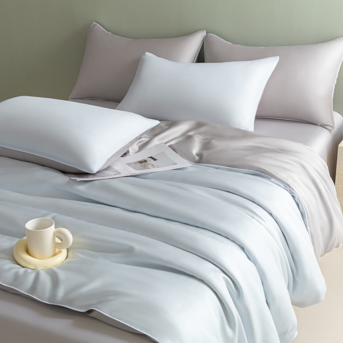 91家纺网 家纺一手货源 找家纺 缦绣阁家纺 2026新款夏季轻奢水洗仿真丝四件套凉感丝床单被套纯色冰丝床笠双人三件套 麻绳款-碧湖兰+灰