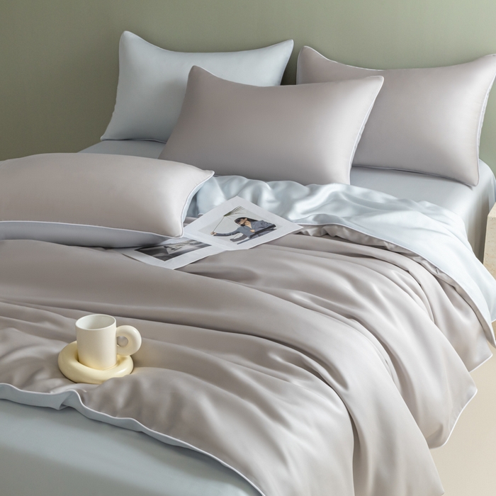 91家纺网 家纺一手货源 找家纺 缦绣阁家纺 2026新款夏季轻奢水洗仿真丝四件套凉感丝床单被套纯色冰丝床笠双人三件套 麻绳款-雾霾灰+碧湖兰