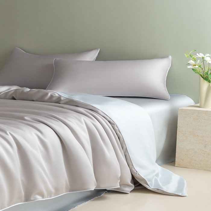 91家纺网 家纺一手货源 找家纺 缦绣阁家纺 2026新款夏季轻奢水洗仿真丝四件套凉感丝床单被套纯色冰丝床笠双人三件套 麻绳款-雾霾灰+碧湖兰