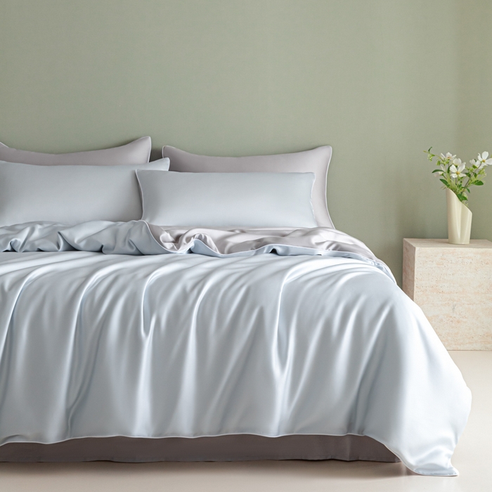 91家纺网 家纺一手货源 找家纺 缦绣阁家纺 2026新款夏季轻奢水洗仿真丝四件套凉感丝床单被套纯色冰丝床笠双人三件套 麻绳款-碧湖兰+灰