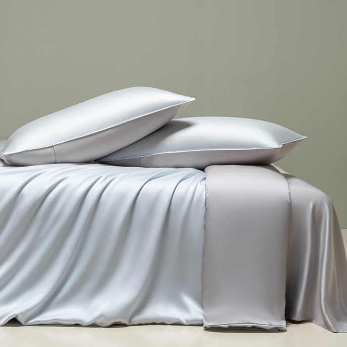 91家纺网 家纺一手货源 找家纺 缦绣阁家纺 2026新款夏季轻奢水洗仿真丝四件套凉感丝床单被套纯色冰丝床笠双人三件套 麻绳款-碧湖兰+灰