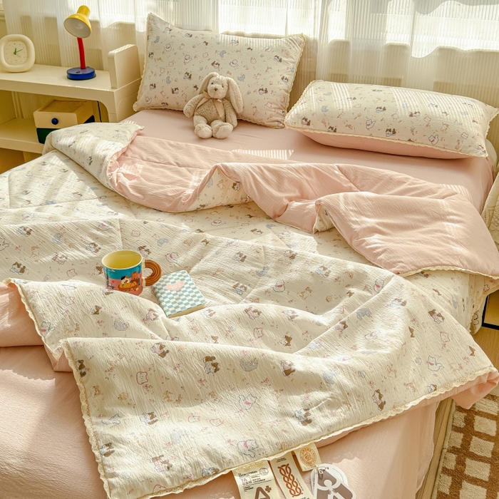 91家纺网 家纺一手货源 找家纺 水木坊 2026新款云感双层纱抗菌花边夏被夏凉被空调被-晴风系列 晴风-晴天小猫