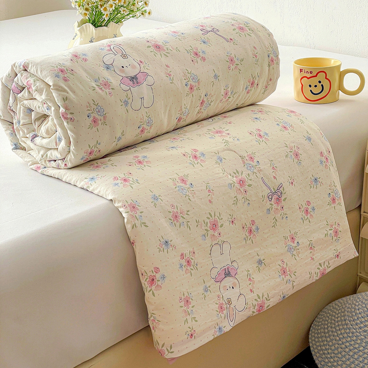 91家纺网 家纺一手货源 找家纺 纽缦家纺 2026春夏新款A类古法水洗棉夏被夏凉被空调被 美丽小兔