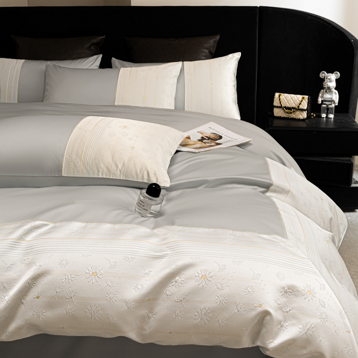 91家纺网 家纺一手货源 找家纺 女子家纺 2026春夏新款全棉纯棉刺绣拼角四件套-缦悦系列 缦悦-高级灰