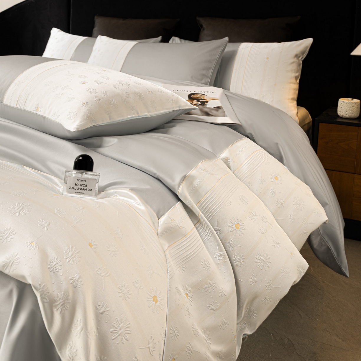 91家纺网 家纺一手货源 找家纺 女子家纺 2026春夏新款全棉纯棉刺绣拼角四件套-缦悦系列 缦悦-高级灰