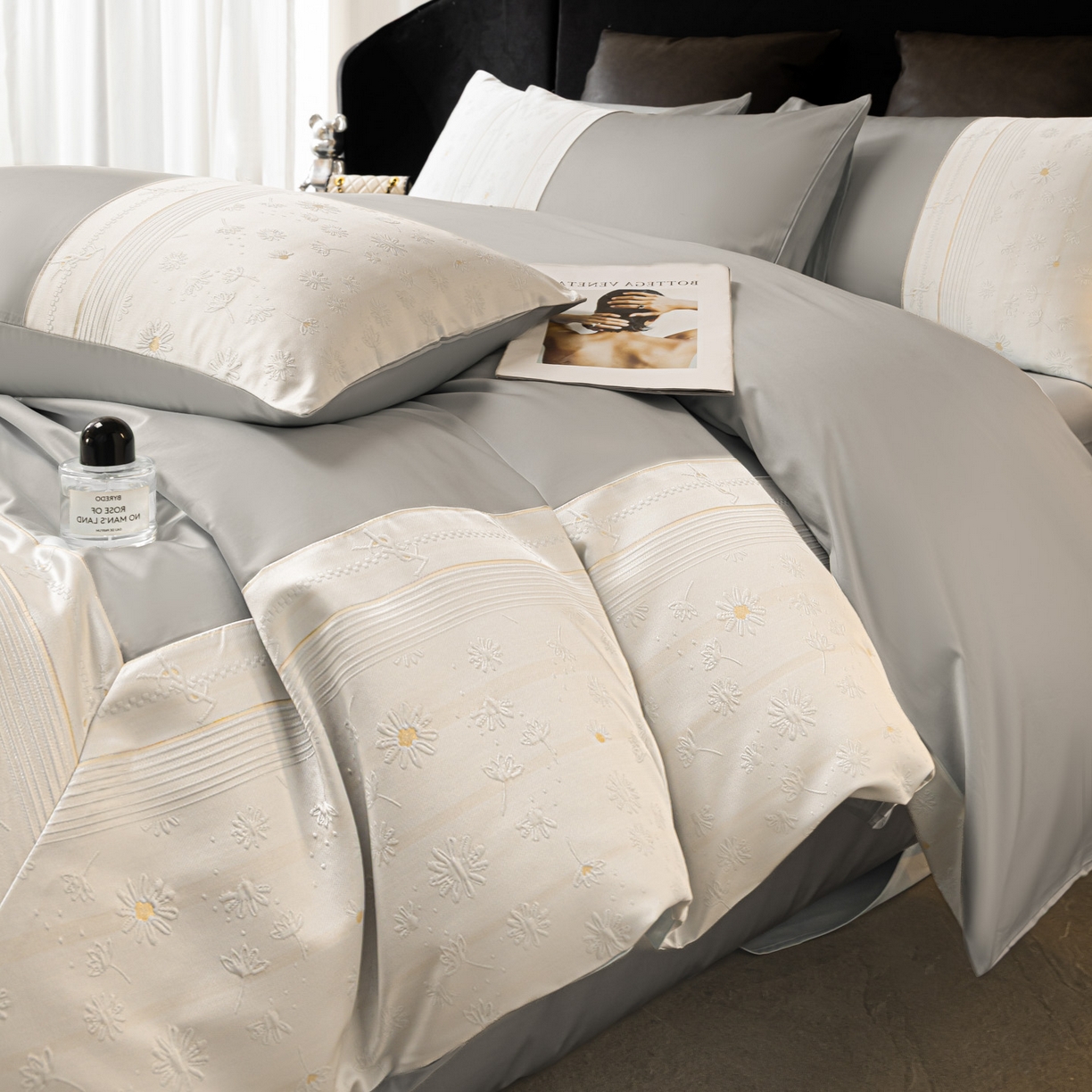 91家纺网 家纺一手货源 找家纺 女子家纺 2026春夏新款全棉纯棉刺绣拼角四件套-缦悦系列 缦悦-高级灰