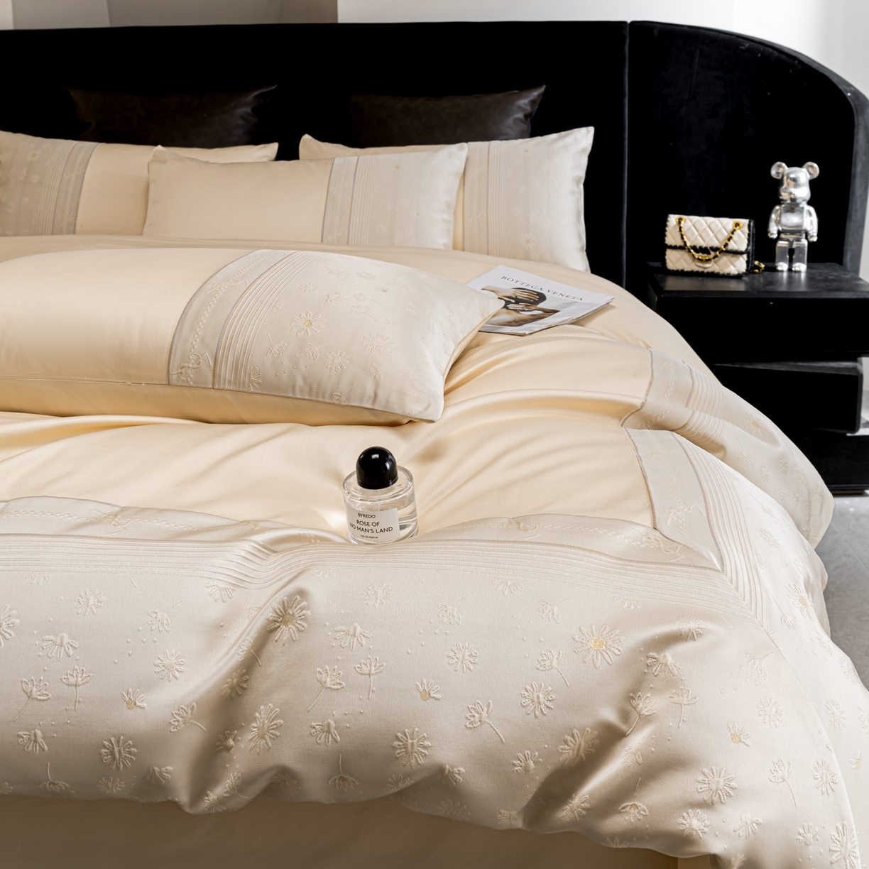 91家纺网 家纺一手货源 找家纺 女子家纺 2026春夏新款全棉纯棉刺绣拼角四件套-缦悦系列 缦悦-香槟色