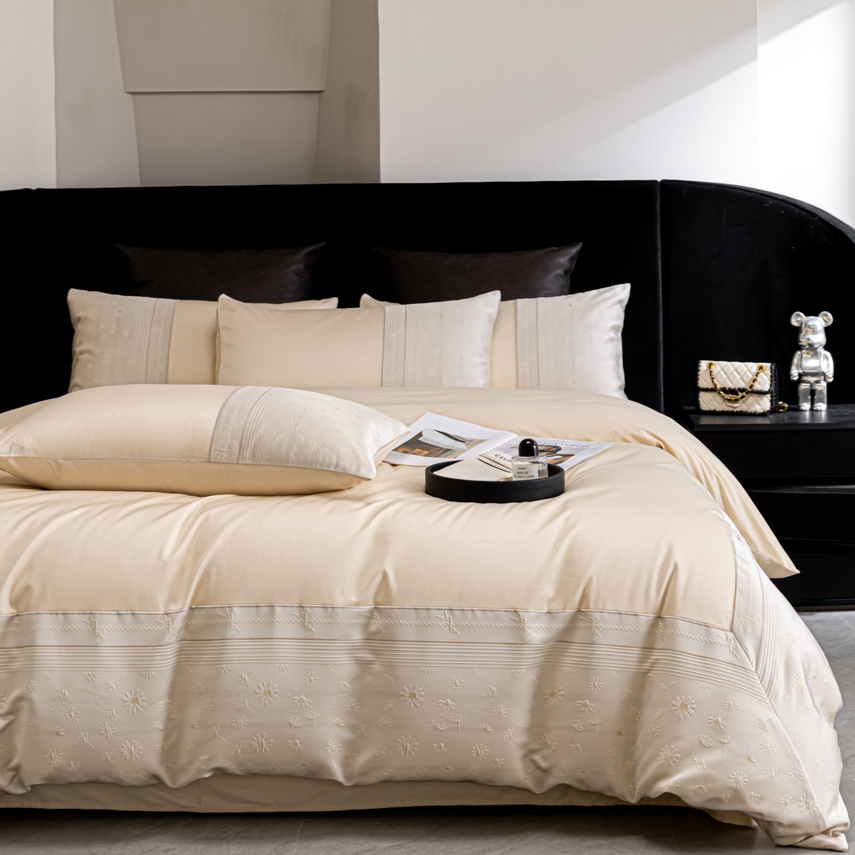 91家纺网 家纺一手货源 找家纺 女子家纺 2026春夏新款全棉纯棉刺绣拼角四件套-缦悦系列 缦悦-香槟色