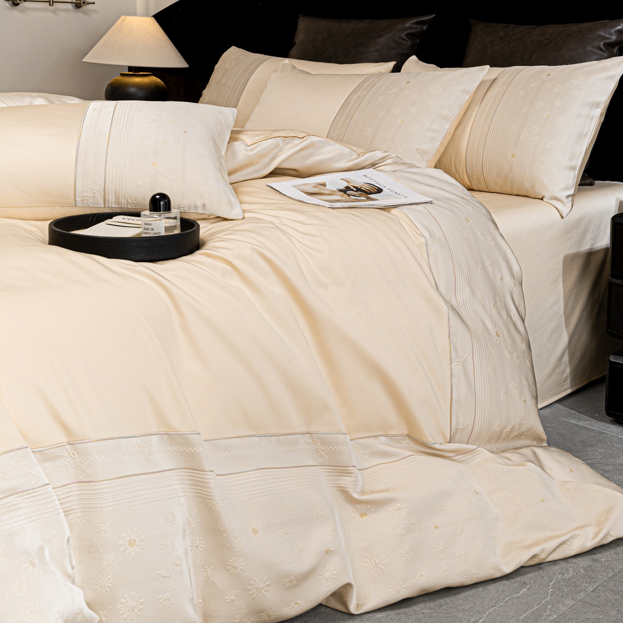 91家纺网 家纺一手货源 找家纺 女子家纺 2026春夏新款全棉纯棉刺绣拼角四件套-缦悦系列 缦悦-香槟色