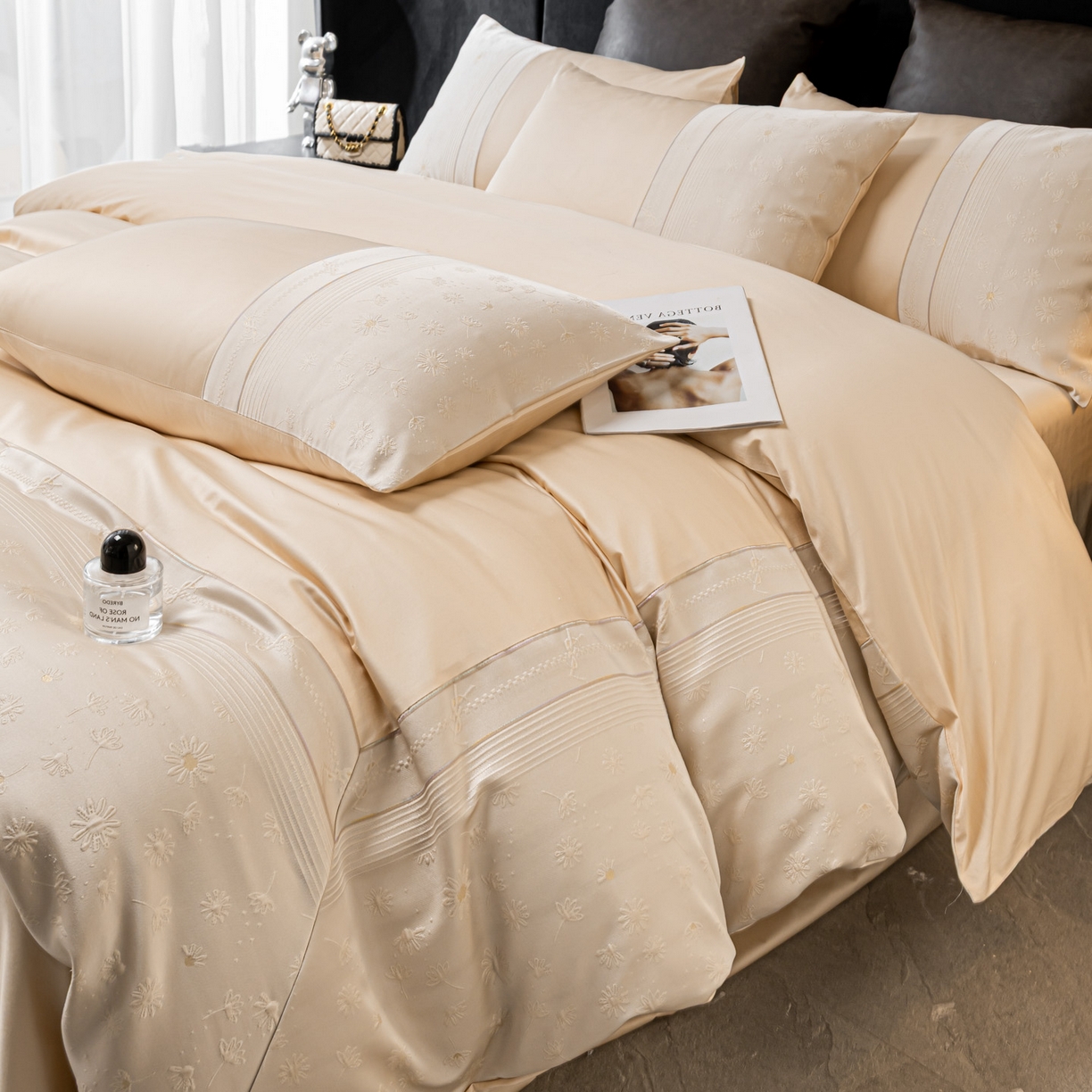 91家纺网 家纺一手货源 找家纺 女子家纺 2026春夏新款全棉纯棉刺绣拼角四件套-缦悦系列 缦悦-香槟色