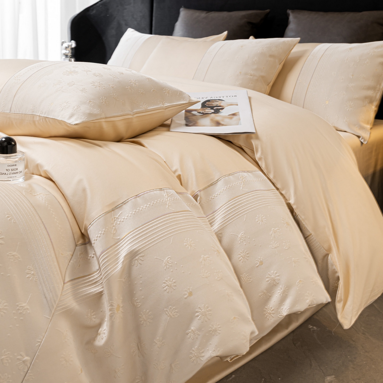 91家纺网 家纺一手货源 找家纺 女子家纺 2026春夏新款全棉纯棉刺绣拼角四件套-缦悦系列 缦悦-香槟色