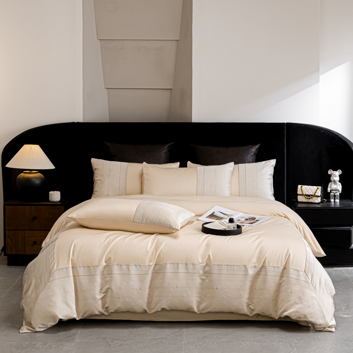 91家纺网 家纺一手货源 找家纺 女子家纺 2026春夏新款全棉纯棉刺绣拼角四件套-缦悦系列 缦悦-香槟色