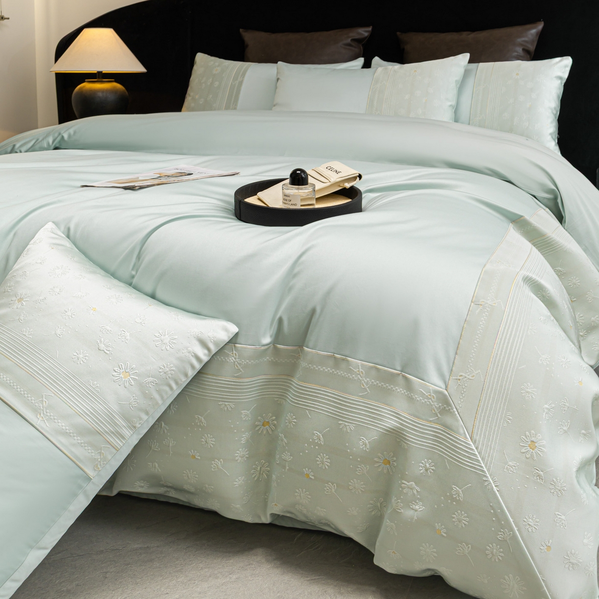 91家纺网 家纺一手货源 找家纺 女子家纺 2026春夏新款全棉纯棉刺绣拼角四件套-缦悦系列 缦悦-繁星蓝