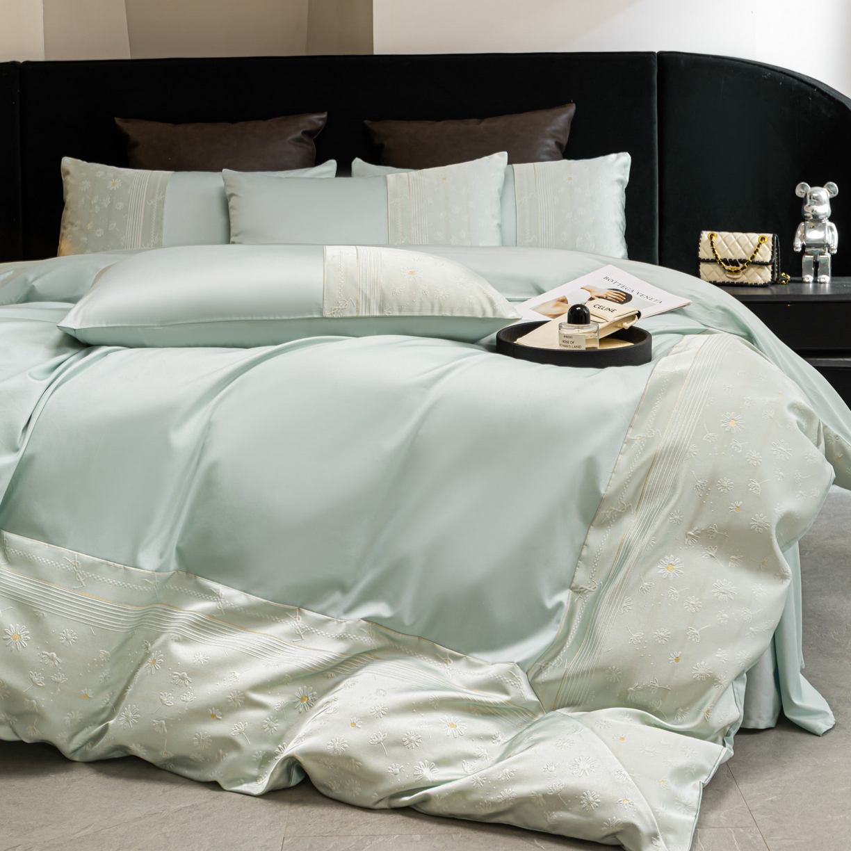 91家纺网 家纺一手货源 找家纺 女子家纺 2026春夏新款全棉纯棉刺绣拼角四件套-缦悦系列 缦悦-繁星蓝