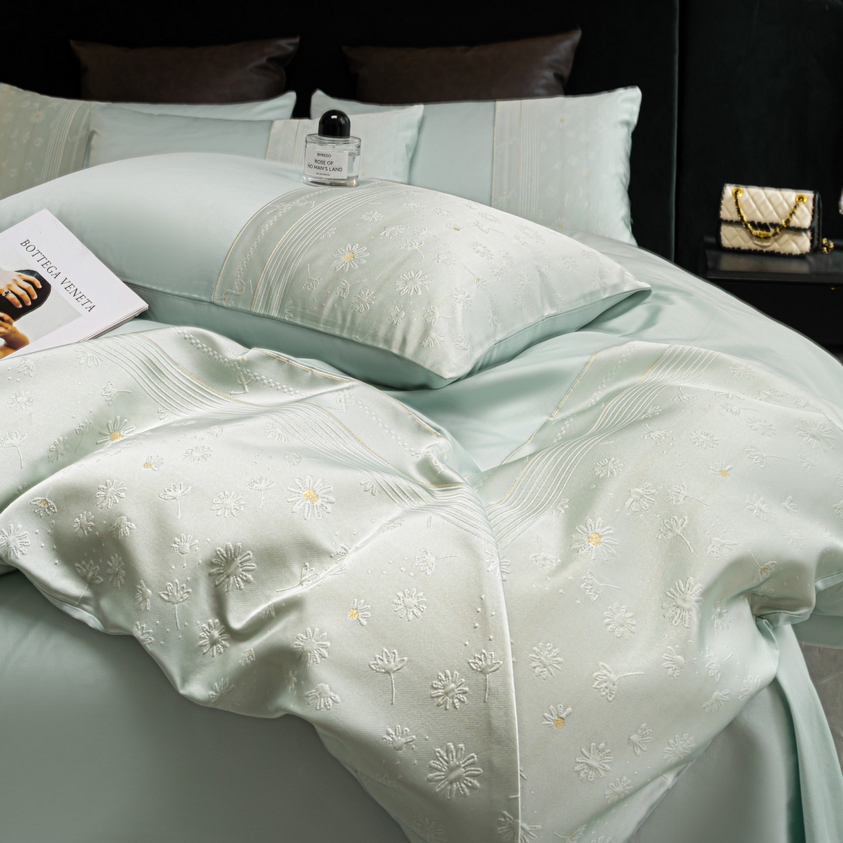 91家纺网 家纺一手货源 找家纺 女子家纺 2026春夏新款全棉纯棉刺绣拼角四件套-缦悦系列 缦悦-繁星蓝