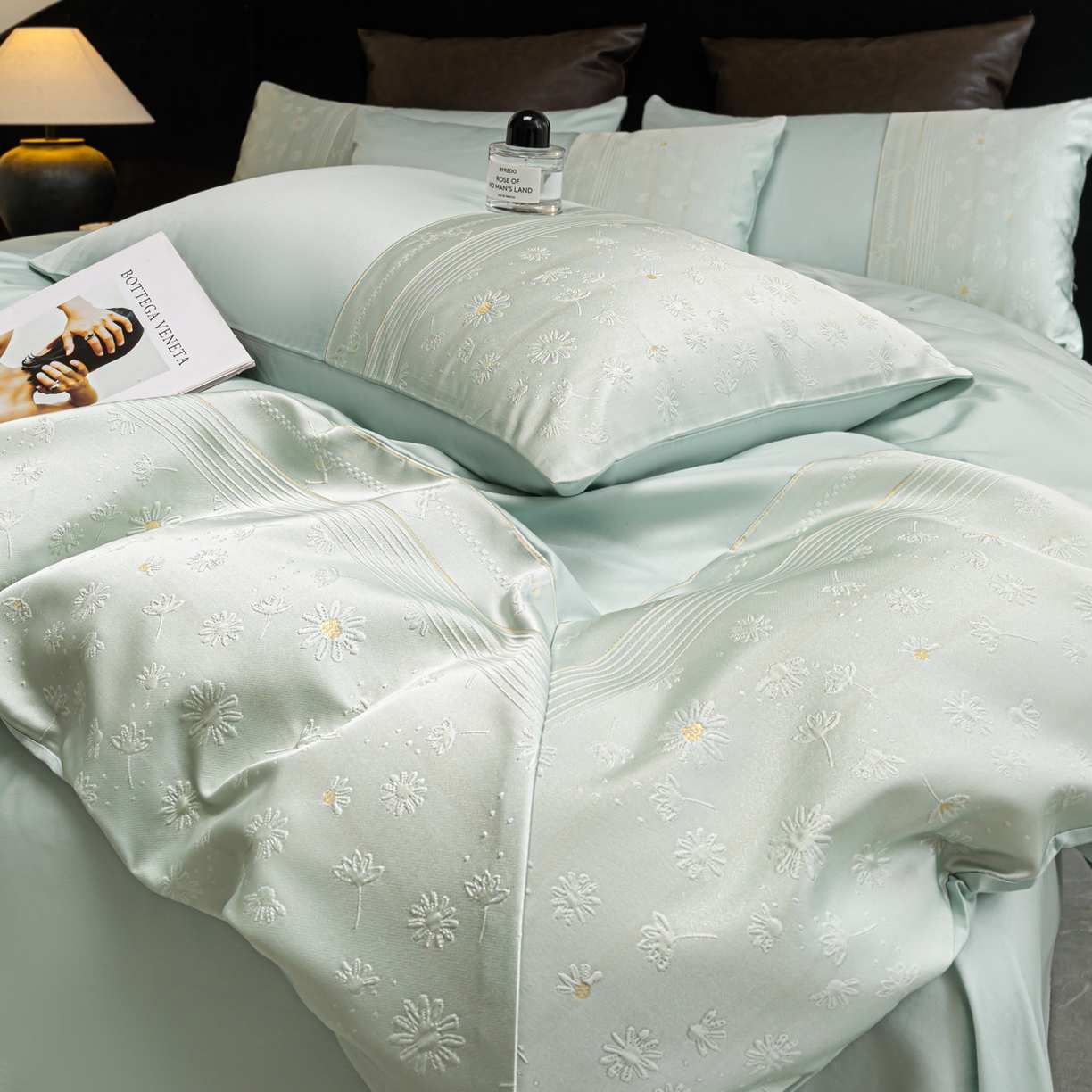 91家纺网 家纺一手货源 找家纺 女子家纺 2026春夏新款全棉纯棉刺绣拼角四件套-缦悦系列 缦悦-繁星蓝