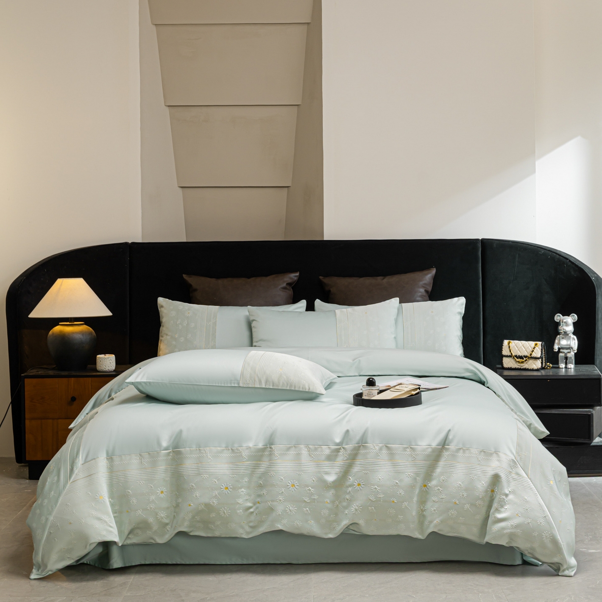 91家纺网 家纺一手货源 找家纺 女子家纺 2026春夏新款全棉纯棉刺绣拼角四件套-缦悦系列 缦悦-繁星蓝