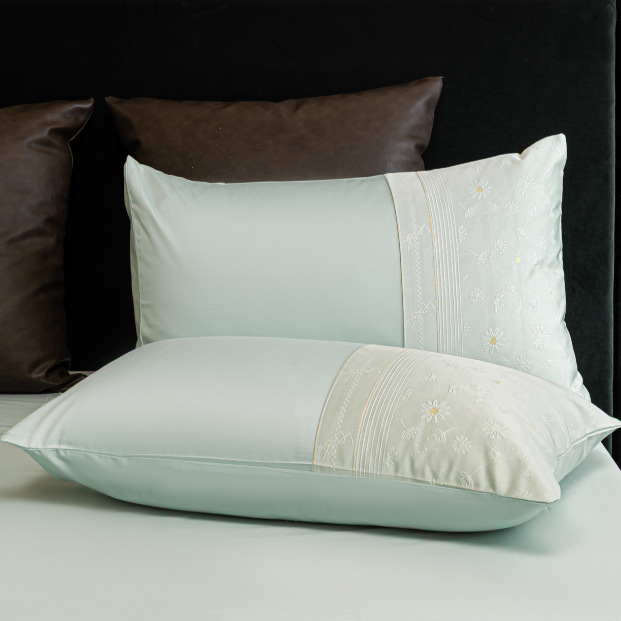 91家纺网 家纺一手货源 找家纺 女子家纺 2026春夏新款全棉纯棉刺绣拼角四件套-缦悦系列 缦悦-繁星蓝