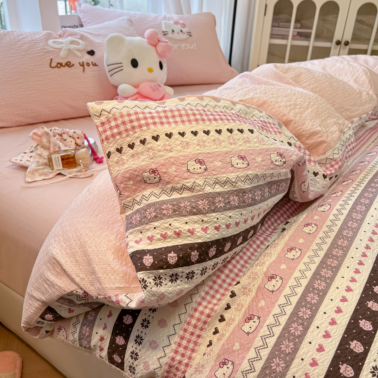 韩巢家纺 2026新款泡芙纱费尔岛毛巾绣四件套 小猫集-粉-毛巾绣