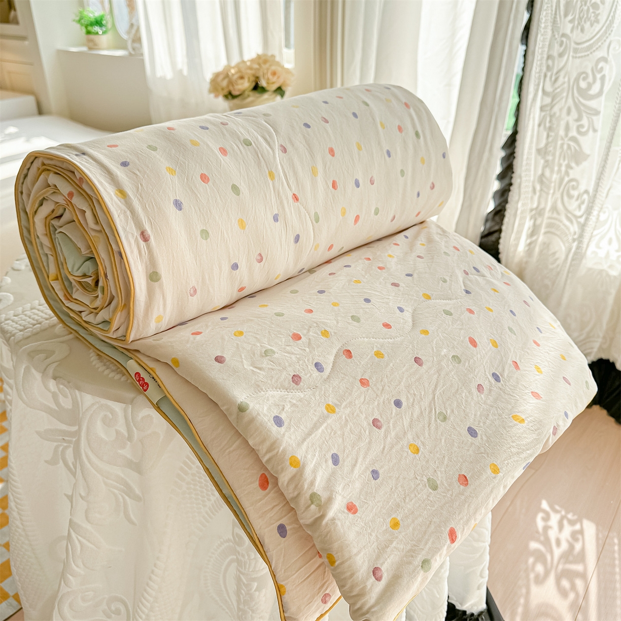 招财星家纺 2026新款A类水洗棉皱绉纱夏被空调被印花夏凉被子被芯（带质检报告买家秀） 彩色波点