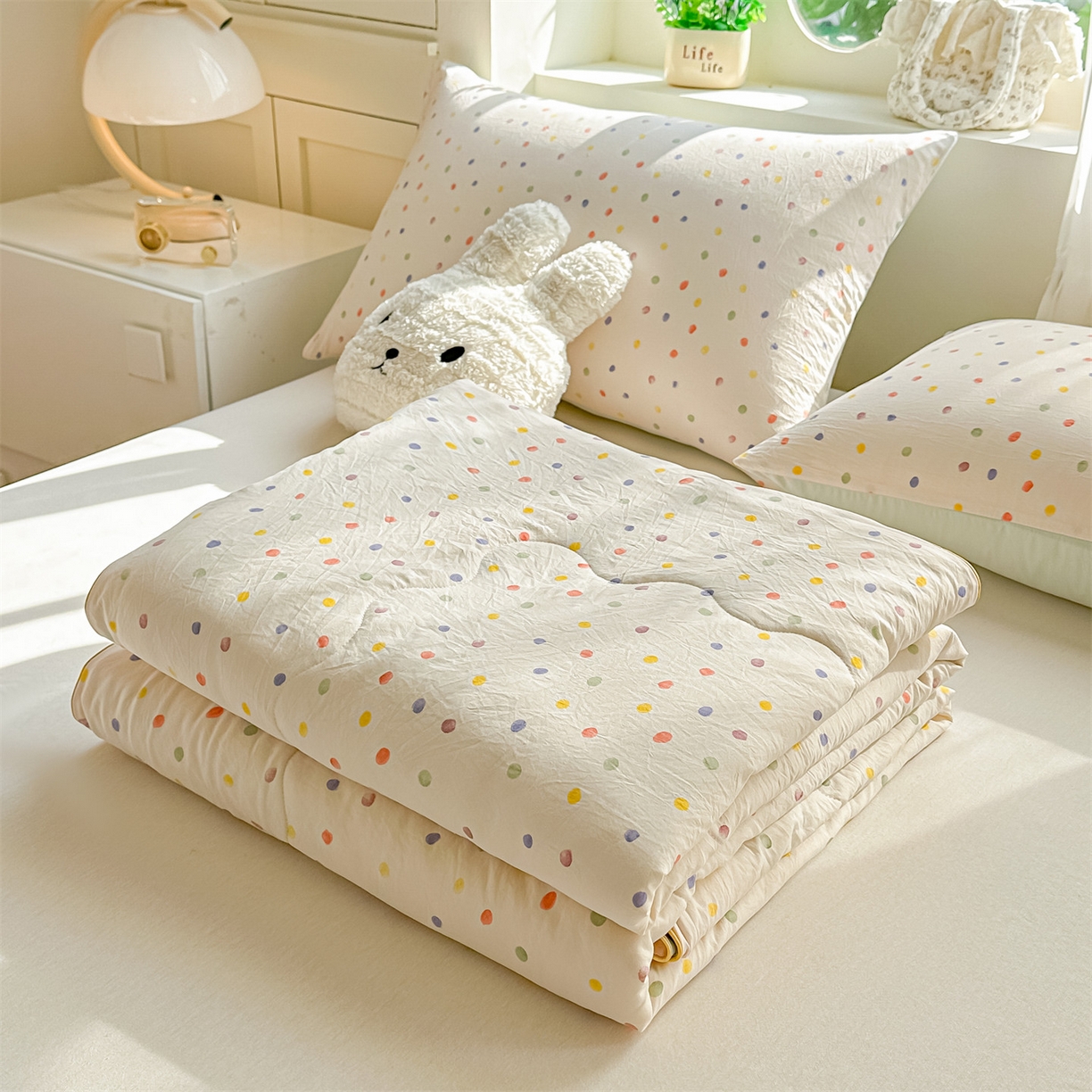 91家纺网 家纺一手货源 找家纺 招财星家纺 2026新款A类水洗棉皱绉纱夏被空调被印花夏凉被子被芯（带质检报告买家秀） 彩色波点