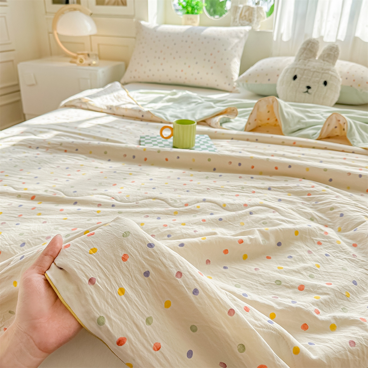 91家纺网 家纺一手货源 找家纺 招财星家纺 2026新款A类水洗棉皱绉纱夏被空调被印花夏凉被子被芯（带质检报告买家秀） 彩色波点