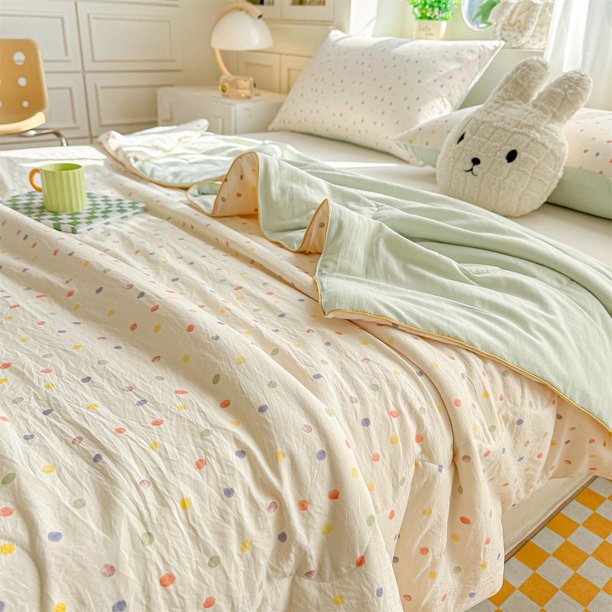 91家纺网 家纺一手货源 找家纺 招财星家纺 2026新款A类水洗棉皱绉纱夏被空调被印花夏凉被子被芯（带质检报告买家秀） 彩色波点