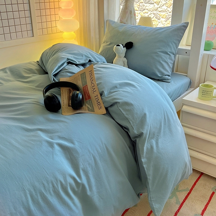 91家纺网 家纺一手货源 找家纺 缦绣阁家纺 2026新款无印风纯色纯棉四件套全棉被套床单床笠被罩学生宿舍上下铺三件套床上用品 湖蓝