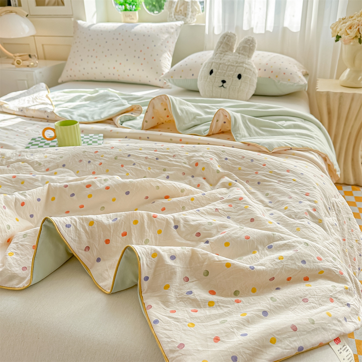 91家纺网 家纺一手货源 找家纺 招财星家纺 2026新款A类水洗棉皱绉纱夏被空调被印花夏凉被子被芯（带质检报告买家秀） 彩色波点