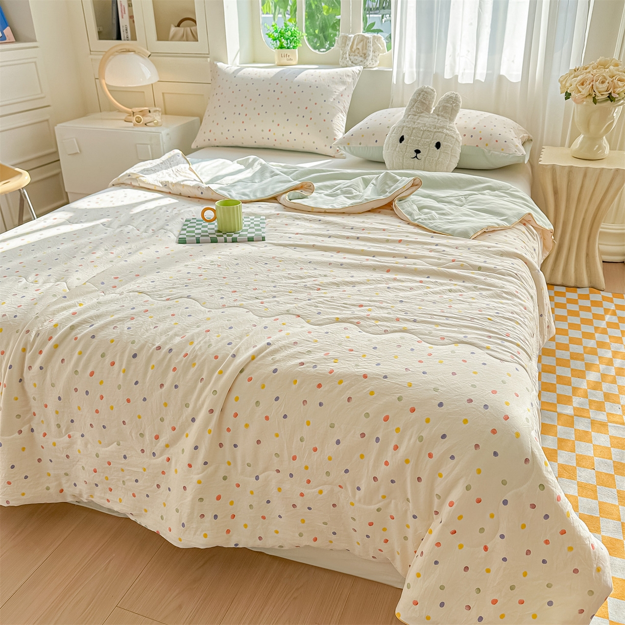 91家纺网 家纺一手货源 找家纺 招财星家纺 2026新款A类水洗棉皱绉纱夏被空调被印花夏凉被子被芯（带质检报告买家秀） 彩色波点