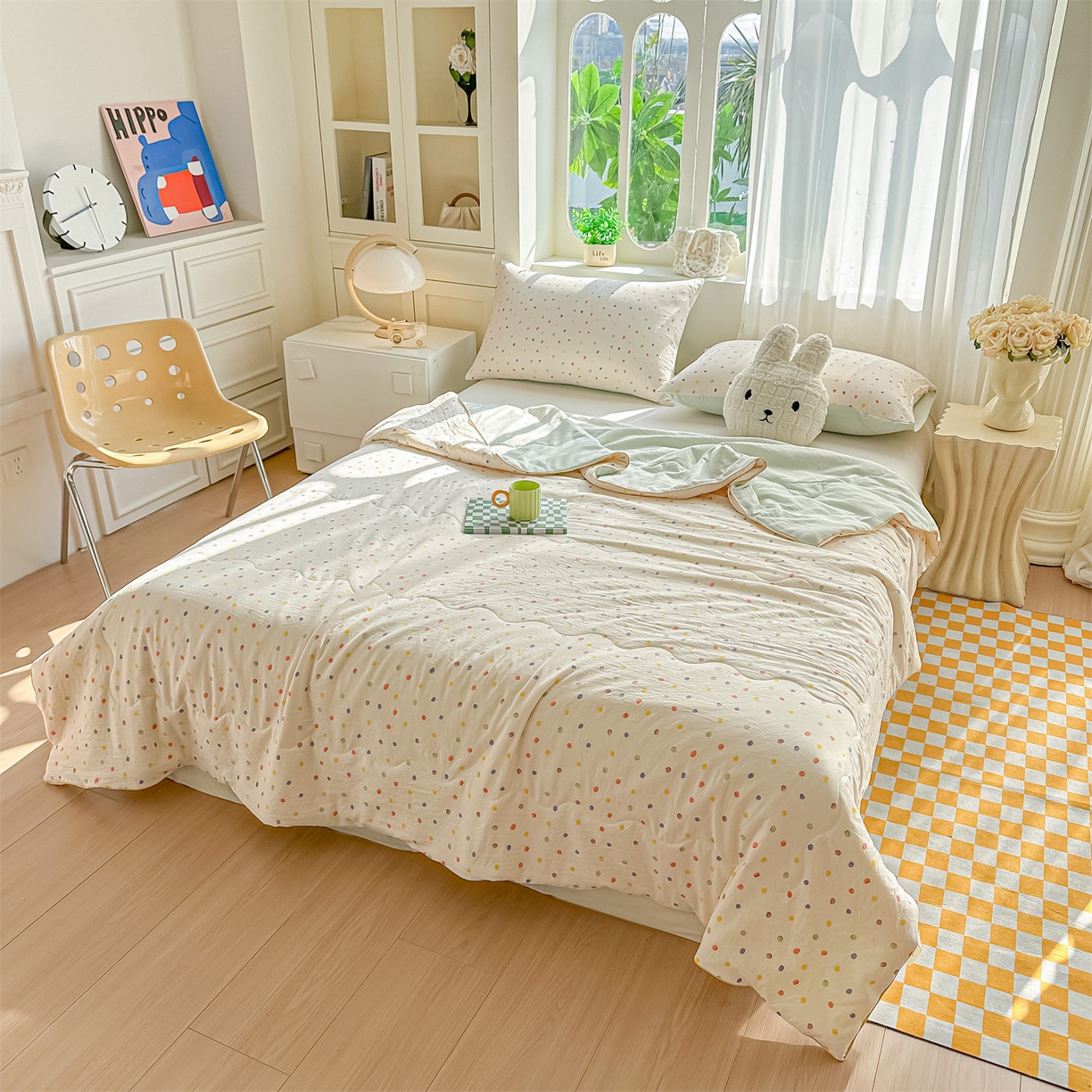 91家纺网 家纺一手货源 找家纺 招财星家纺 2026新款A类水洗棉皱绉纱夏被空调被印花夏凉被子被芯（带质检报告买家秀） 彩色波点