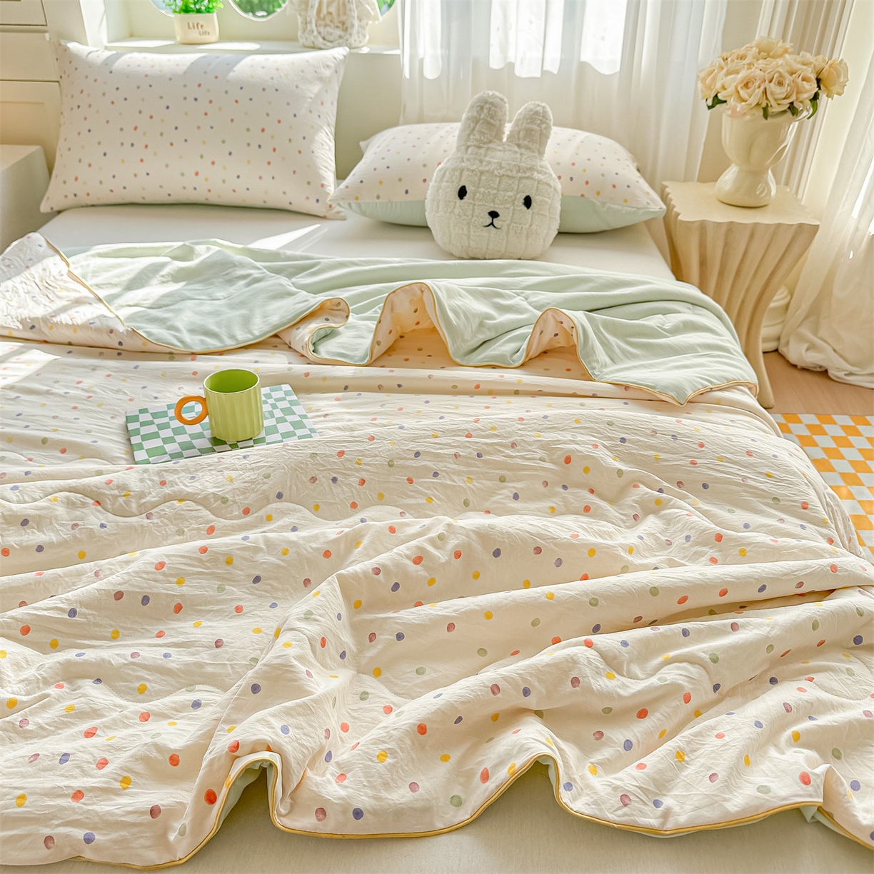 91家纺网 家纺一手货源 找家纺 招财星家纺 2026新款A类水洗棉皱绉纱夏被空调被印花夏凉被子被芯（带质检报告买家秀） 彩色波点