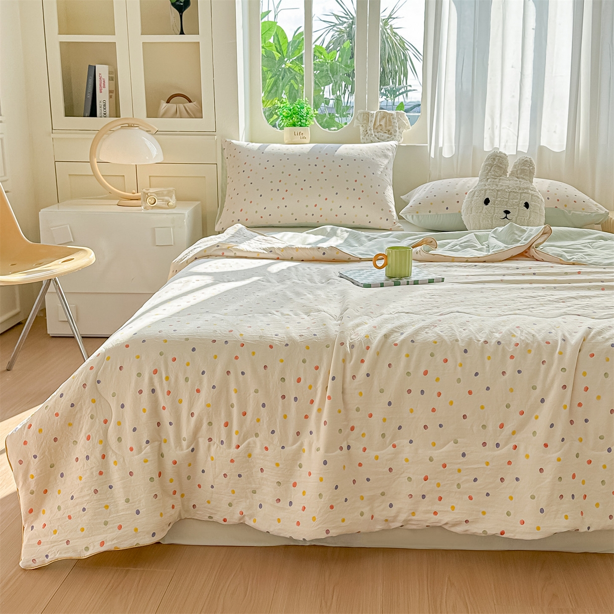 91家纺网 家纺一手货源 找家纺 招财星家纺 2026新款A类水洗棉皱绉纱夏被空调被印花夏凉被子被芯（带质检报告买家秀） 彩色波点