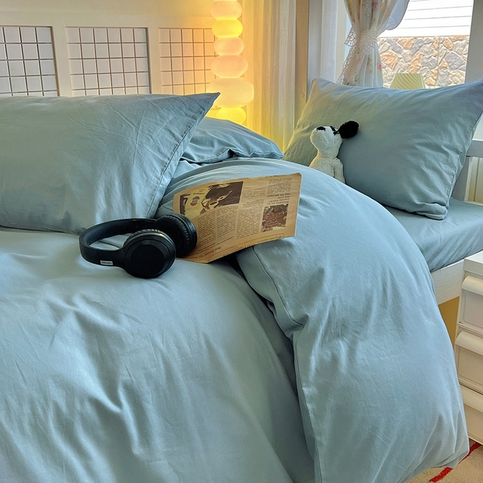 91家纺网 家纺一手货源 找家纺 缦绣阁家纺 2026新款无印风纯色纯棉四件套全棉被套床单床笠被罩学生宿舍上下铺三件套床上用品 湖蓝