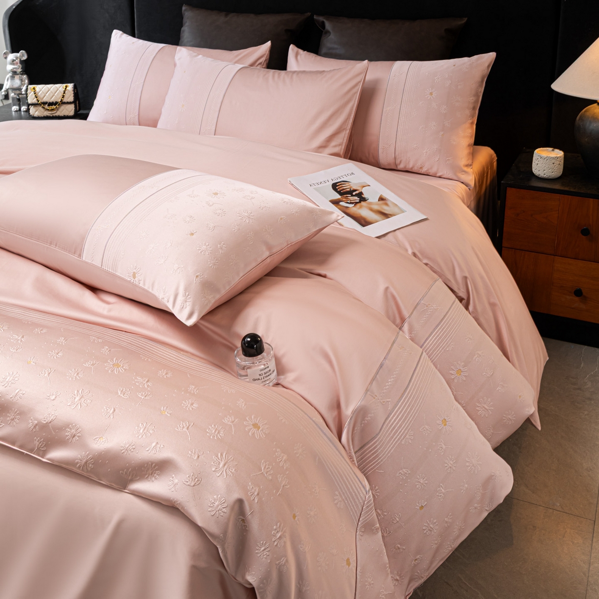 女子家纺 2026春夏新款全棉纯棉刺绣拼角四件套-缦悦系列 缦悦-嫩粉色