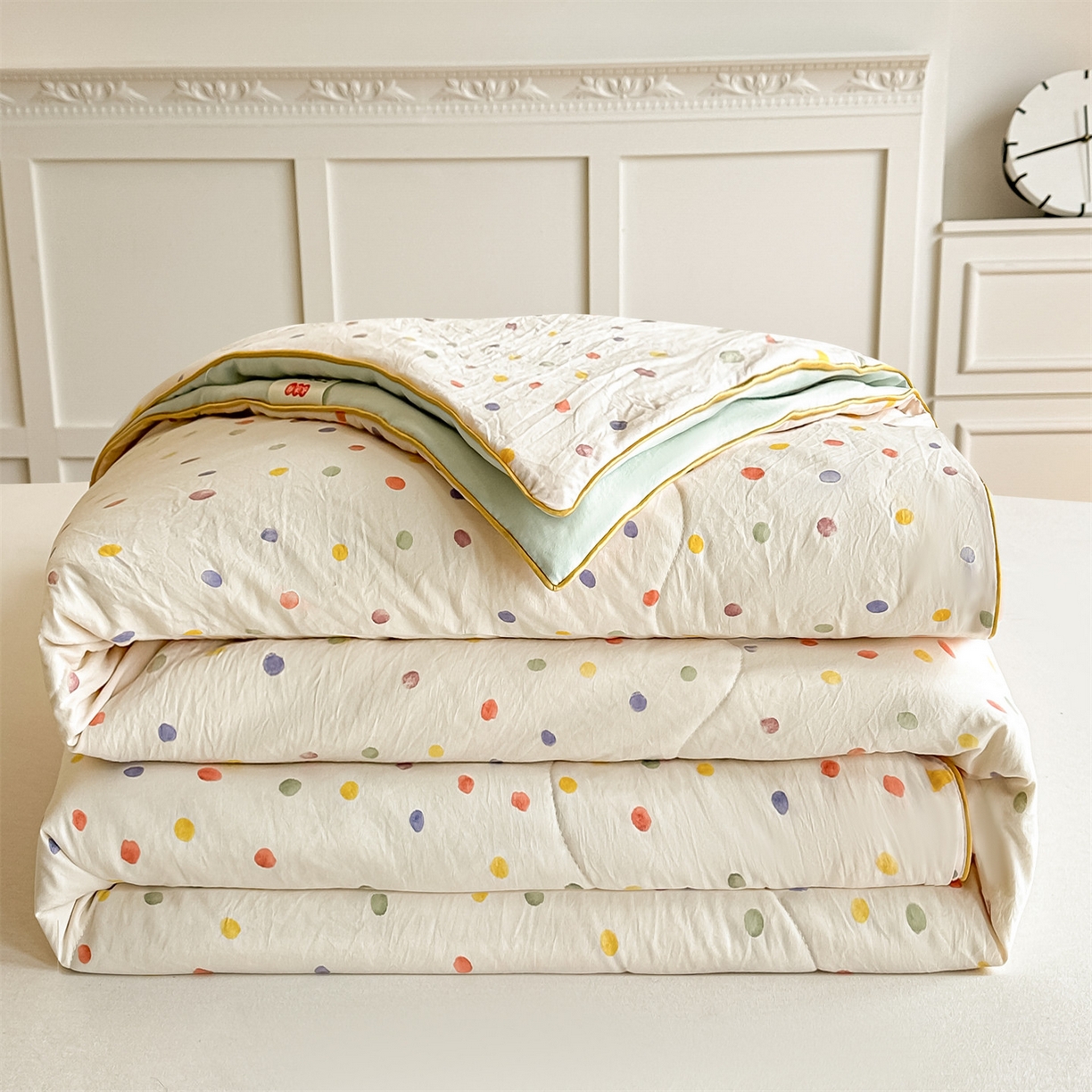 91家纺网 家纺一手货源 找家纺 招财星家纺 2026新款A类水洗棉皱绉纱夏被空调被印花夏凉被子被芯（带质检报告买家秀） 彩色波点