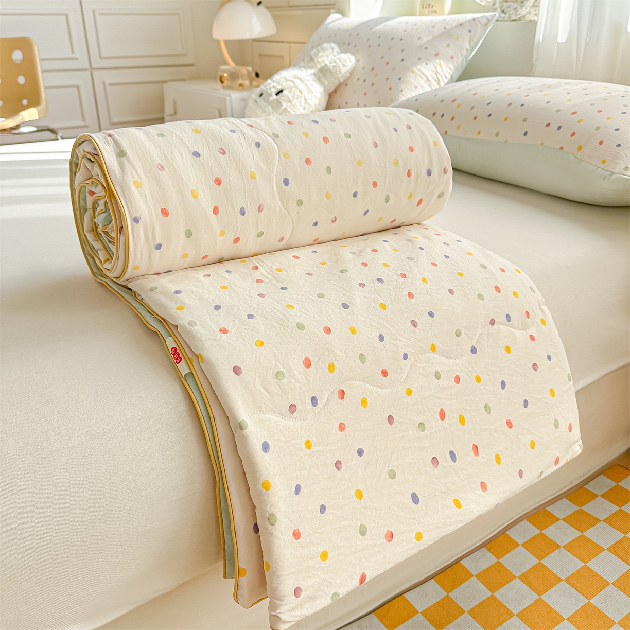 91家纺网 家纺一手货源 找家纺 招财星家纺 2026新款A类水洗棉皱绉纱夏被空调被印花夏凉被子被芯（带质检报告买家秀） 彩色波点