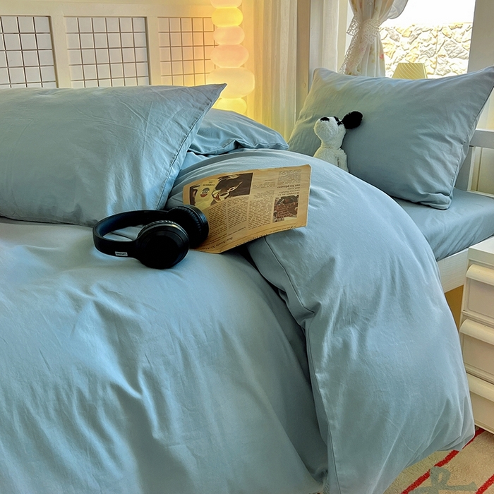 91家纺网 家纺一手货源 找家纺 缦绣阁家纺 2026新款无印风纯色纯棉四件套全棉被套床单床笠被罩学生宿舍上下铺三件套床上用品 湖蓝