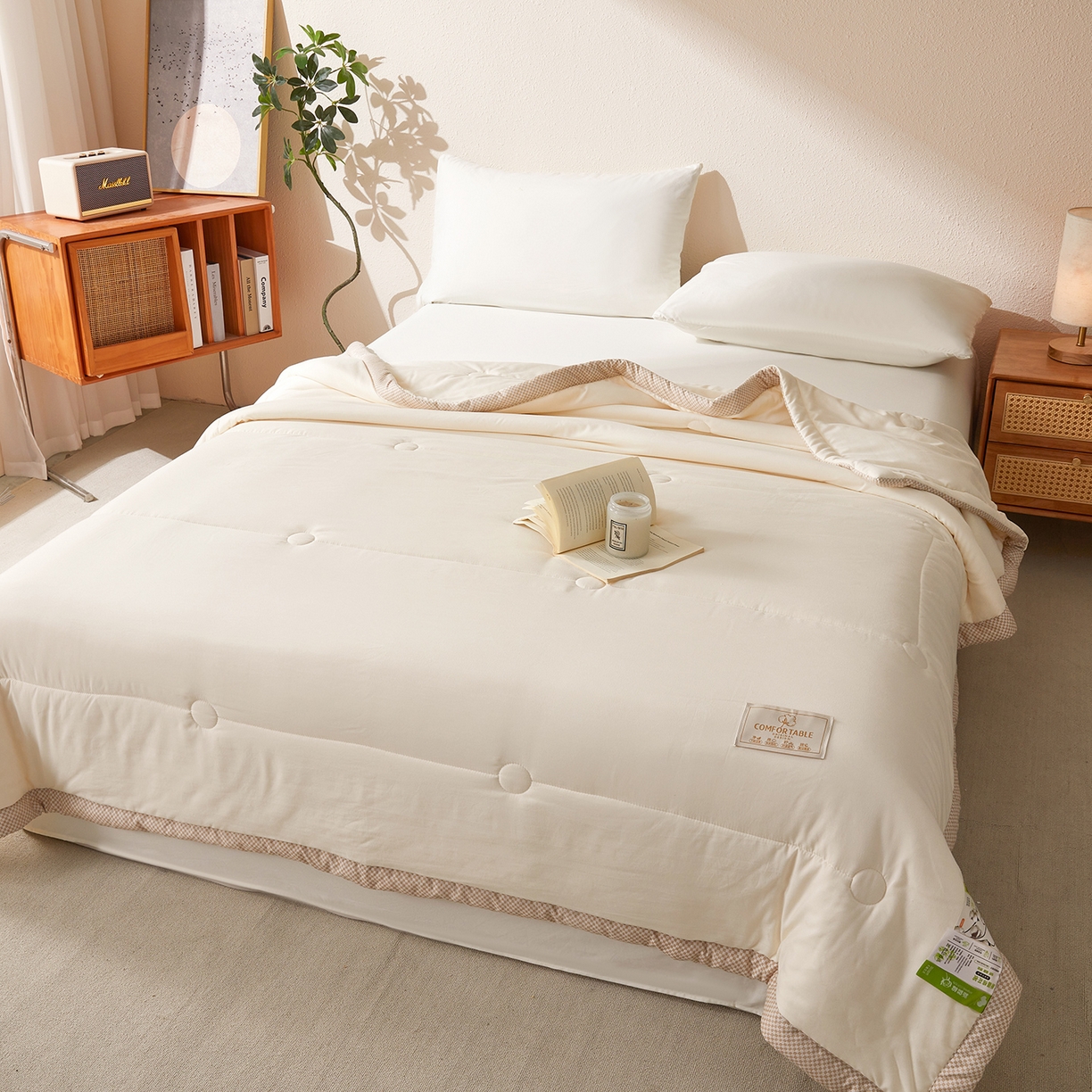 91家纺网 家纺一手货源 找家纺 罗布斯 2026新款高克重纯色简约风小清新花卉风水洗棉空调被夏被100%新疆棉花夏凉被（买家秀加微) 奶昔白