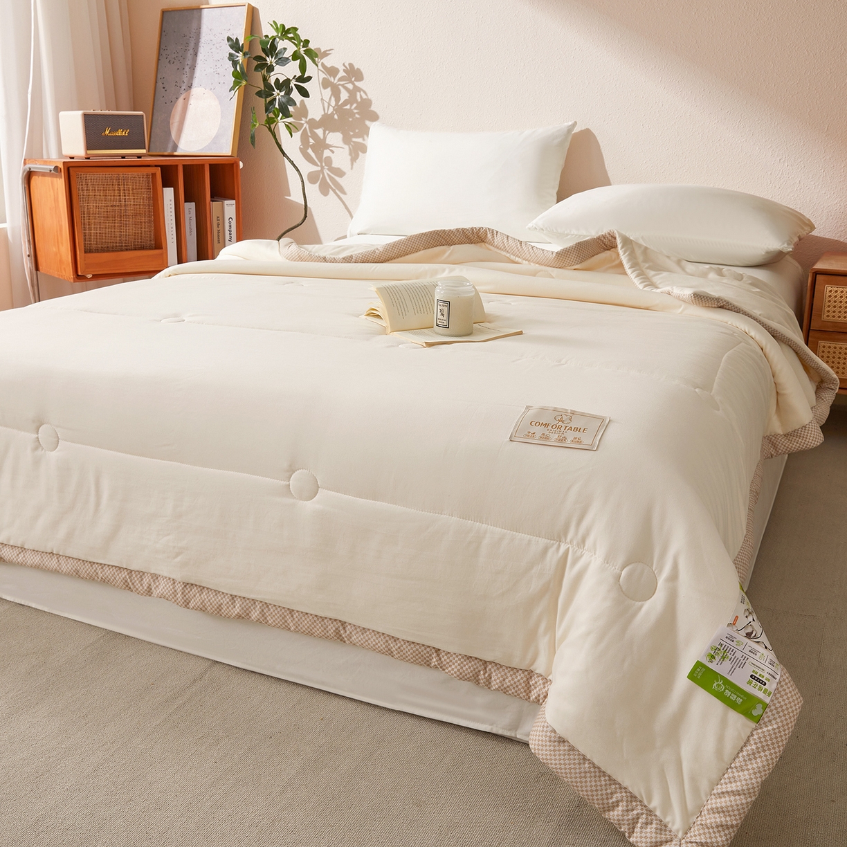 91家纺网 家纺一手货源 找家纺 罗布斯 2026新款高克重纯色简约风小清新花卉风水洗棉空调被夏被100%新疆棉花夏凉被（买家秀加微) 奶昔白