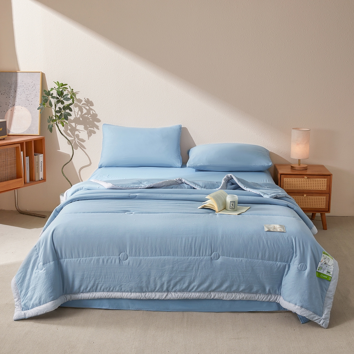 91家纺网 家纺一手货源 找家纺 罗布斯 2026新款高克重纯色简约风小清新花卉风水洗棉空调被夏被100%新疆棉花夏凉被（买家秀加微) 理想蓝