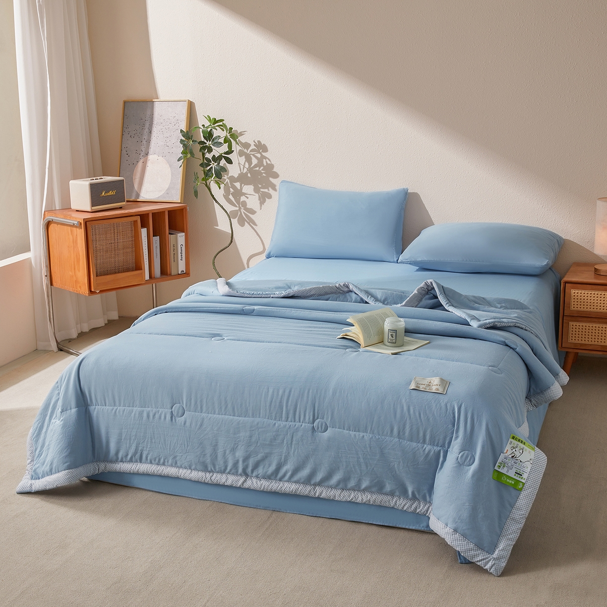 91家纺网 家纺一手货源 找家纺 罗布斯 2026新款高克重纯色简约风小清新花卉风水洗棉空调被夏被100%新疆棉花夏凉被（买家秀加微) 理想蓝