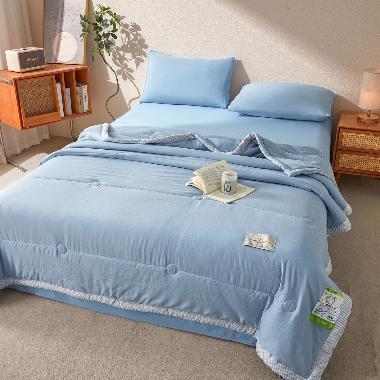 91家纺网 家纺一手货源 找家纺 罗布斯 2026新款高克重纯色简约风小清新花卉风水洗棉空调被夏被100%新疆棉花夏凉被（买家秀加微) 理想蓝