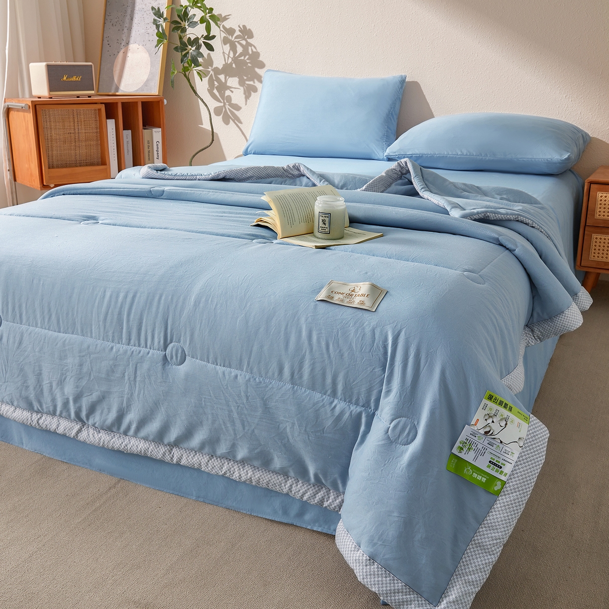 91家纺网 家纺一手货源 找家纺 罗布斯 2026新款高克重纯色简约风小清新花卉风水洗棉空调被夏被100%新疆棉花夏凉被（买家秀加微) 理想蓝